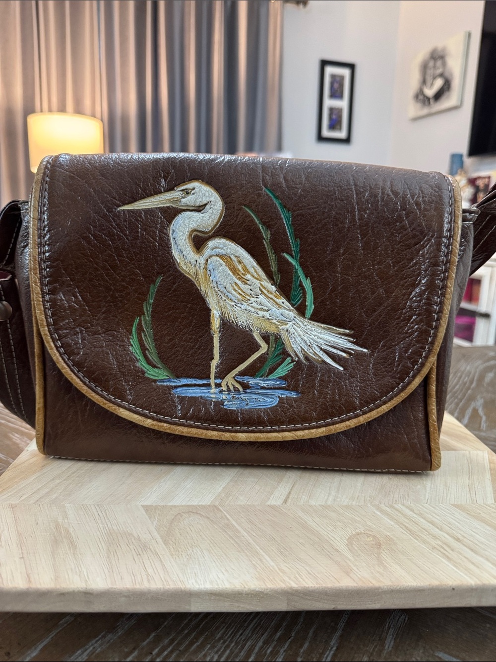 One Of A Kind —- Brown Leather Shoulder Bag with Heron Embroidery